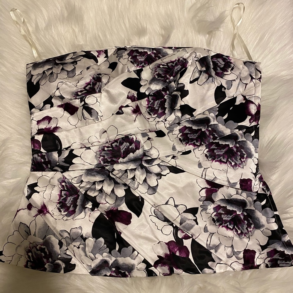 White House Black Market White Floral Satin Tank with Purple Accents
